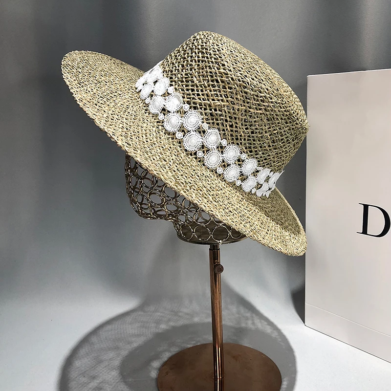 Natural Grasses 2022 Summer Straw Hat Women Lace Beach Cap Visor Protection Sun Hats Wide Brim Sunhat Chapeau Femme