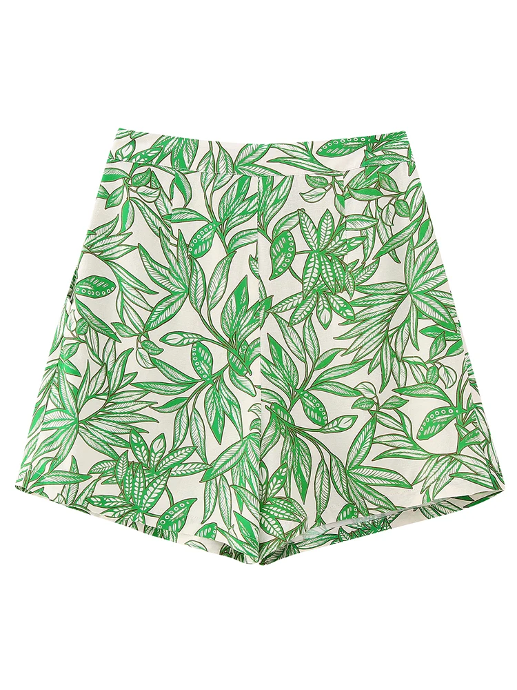 PAILETE Women 2023 fashion pleated print shorts vintage high waist side zipper female short pants mujer