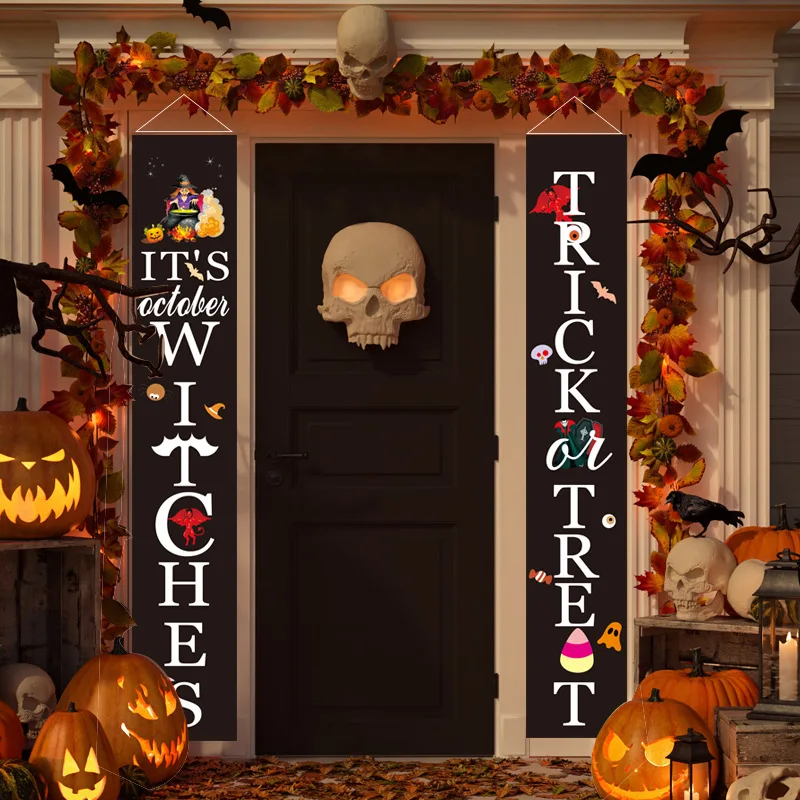 

Halloween Decoration Door Couplet Trick Or Treat Ghost Festival Pumpkin Skull Bannner Wall Hanging Flag Happy Halloween Supplies