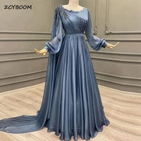 elegant muslim formal evening dresses 2022 chiffon pleats appliques long sleeves arabic dubai party guest prom gowns for women