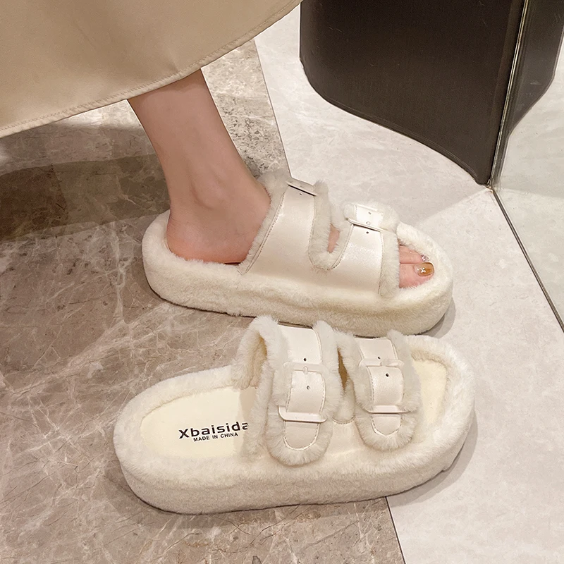 Женская обувь 2024 теплые шлепанцы на платформе меховые зимние плюшевые новые