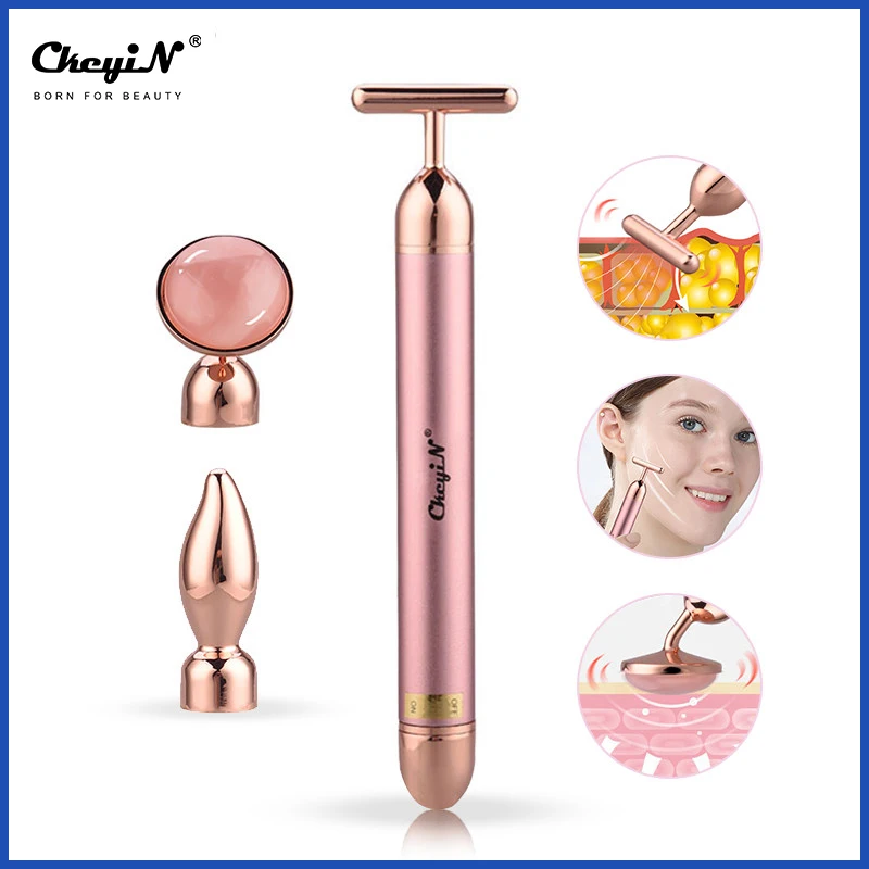 

CkeyiN 3 в 1 Электрический розовый КВАРЦЕВЫЙ нефритовый роликовый вибрирующий массажер для лица против старения для удаления морщин подтяжки к...