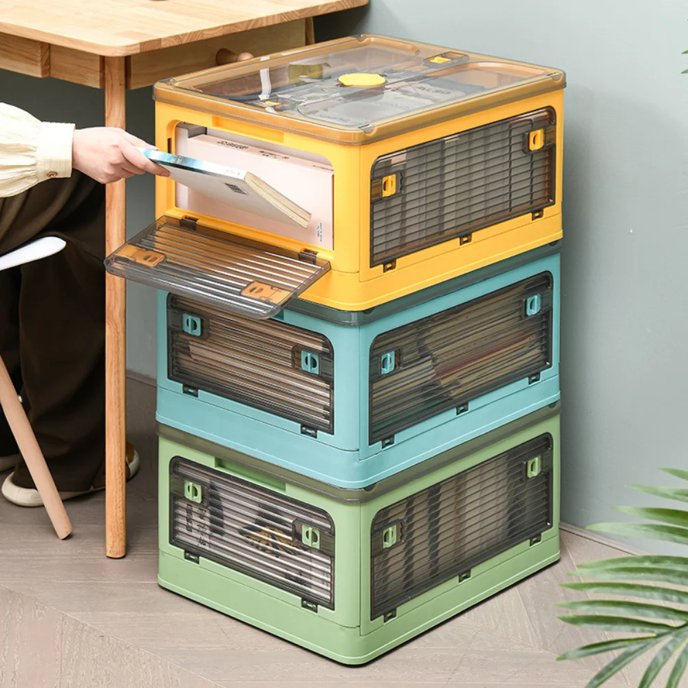 

Plastic Storage Box Household Transparent Fully Open Folding Book Clothes Shoes Office Storage Container Living Room Organizer