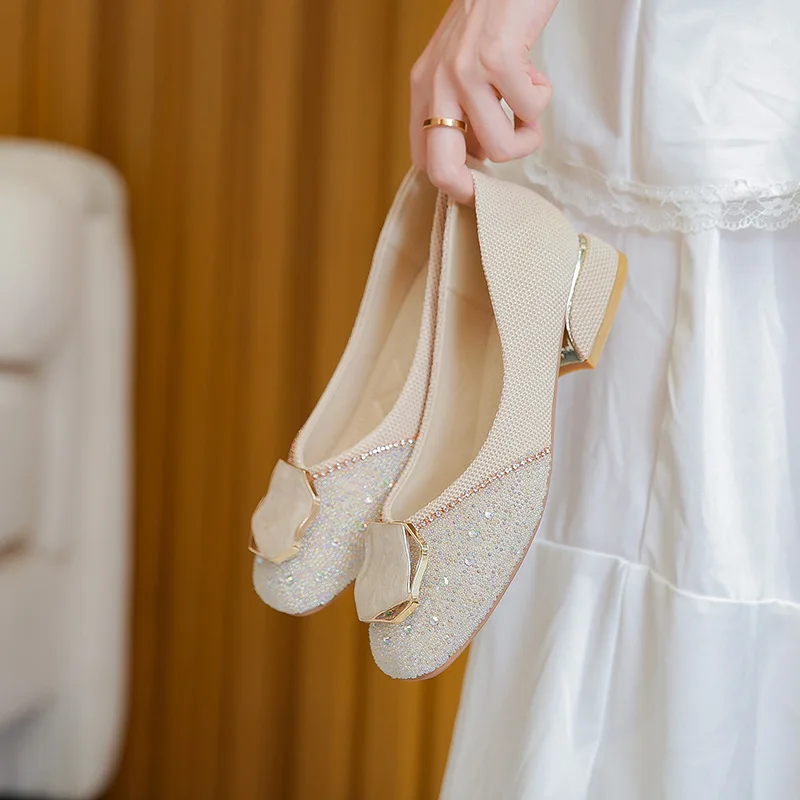 Plus Size 33-43 Women Pumps 3cm Heel Square Toe Lady Shoes Bling Crystal Designer Style Sweet Wedding Party Casual Loafers Femal