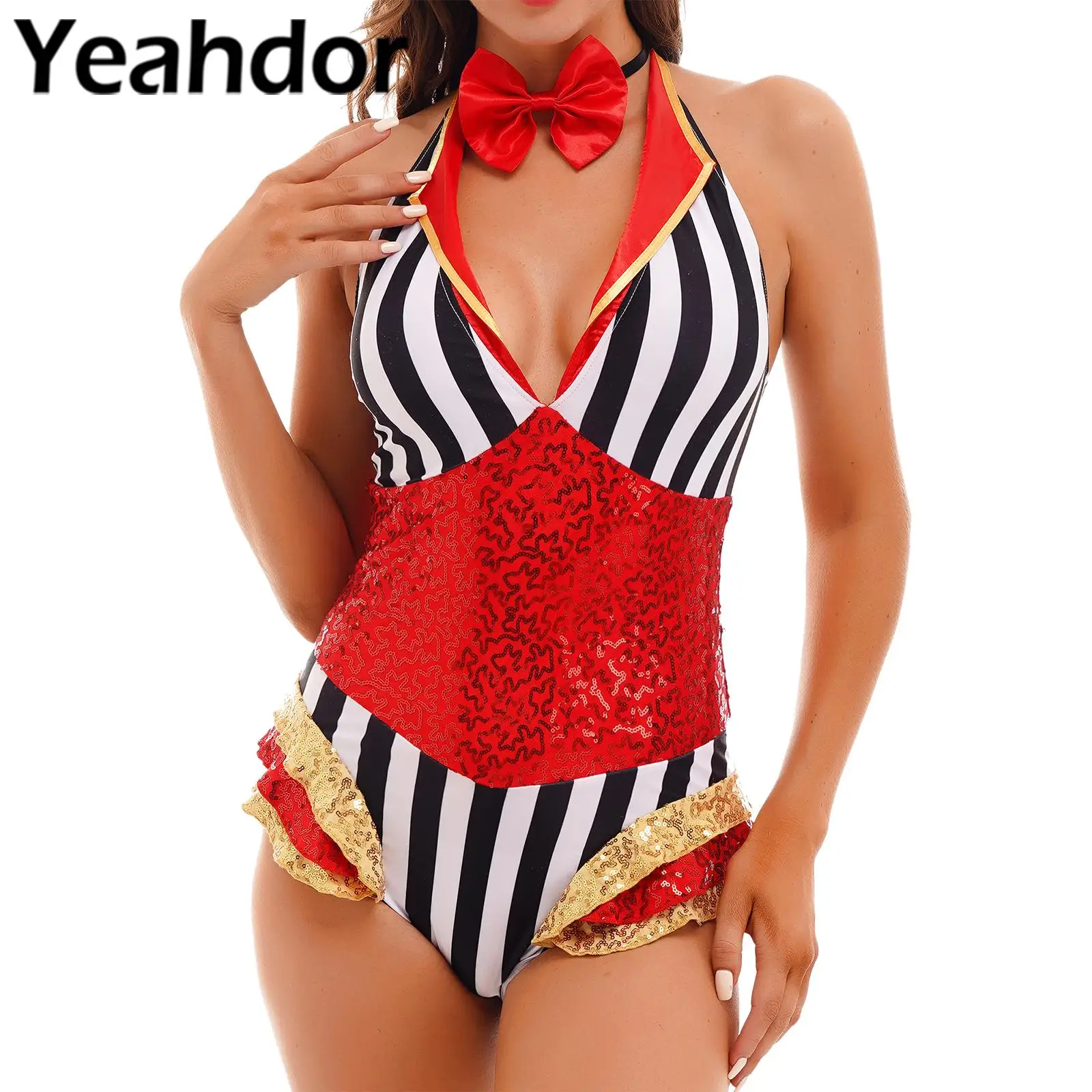 

Womens Halloween Circus Theme Party Costume Ringmaster Role Play Outfit Halter V Neck Stripe Sequined Bodysuit with Bowtie