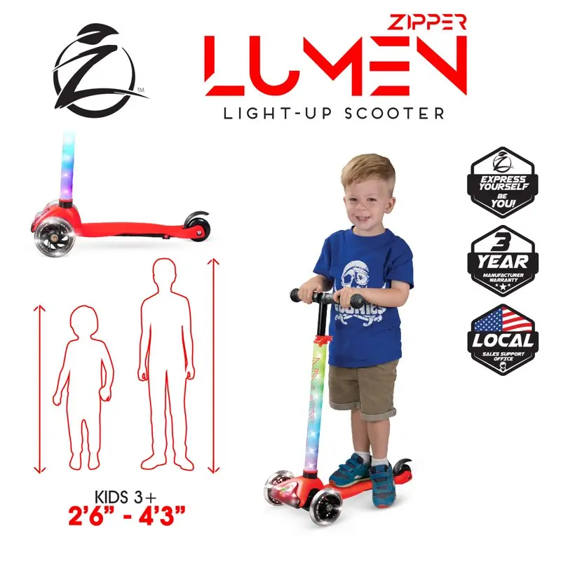 

Zipper 3 Wheeled Lumen LED Light-up Scooter - Adjustable Height 3 Years Plus