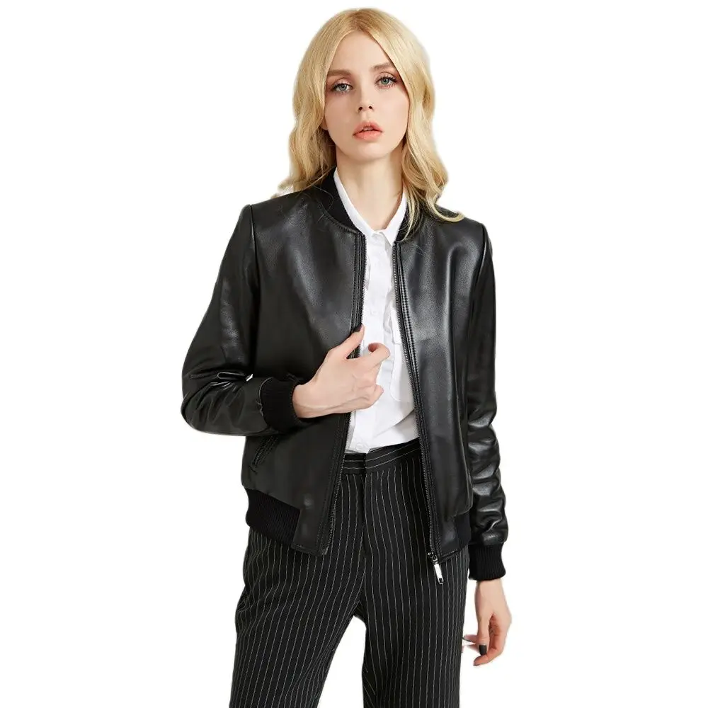 New Women Genuine Leather Jacket Spring Autumn Fashion Casual Stand Collar Short Sheepskin Moto Coat Slim Black Outerwear Female