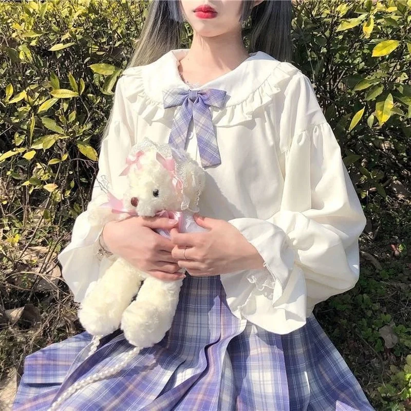 

White Japanese Sweet Shirt Kawaii Doll Collar Lolita Long Sleeve Shirt Student Jk Uniform Shirt 2022 New White Lolita Top