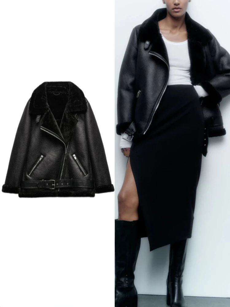 

ZBZA Women Fall Winter New Fur Integrated Thermal Jacket Coat Faux Leather Long-sleeved Lapel Padded Warm Chic Female Outerwear