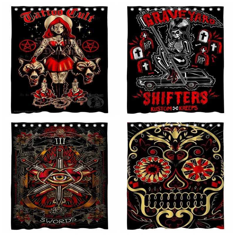 

The Graveyard Tramp Pin Up Horror Art Punk Red Hood Rock Background Floral Skull Occult Shower Curtain By Ho Me Lili With Hook