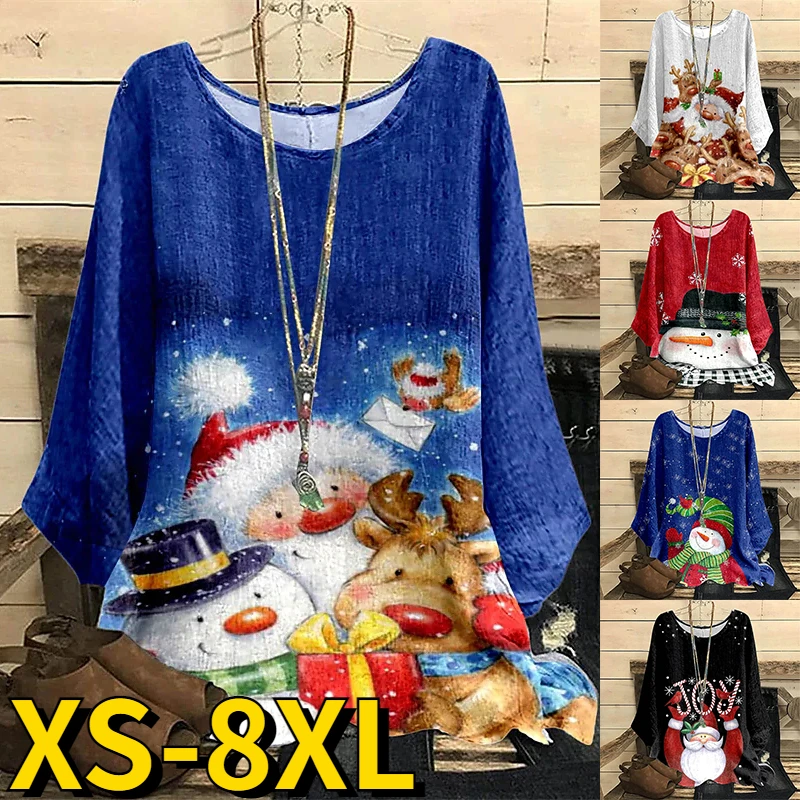 

2022 New Ladies Snowman Printing Long Sleeve Autumn Winter Women's Round Neck Top Retro Christmas Pullover Casual Loose Tops