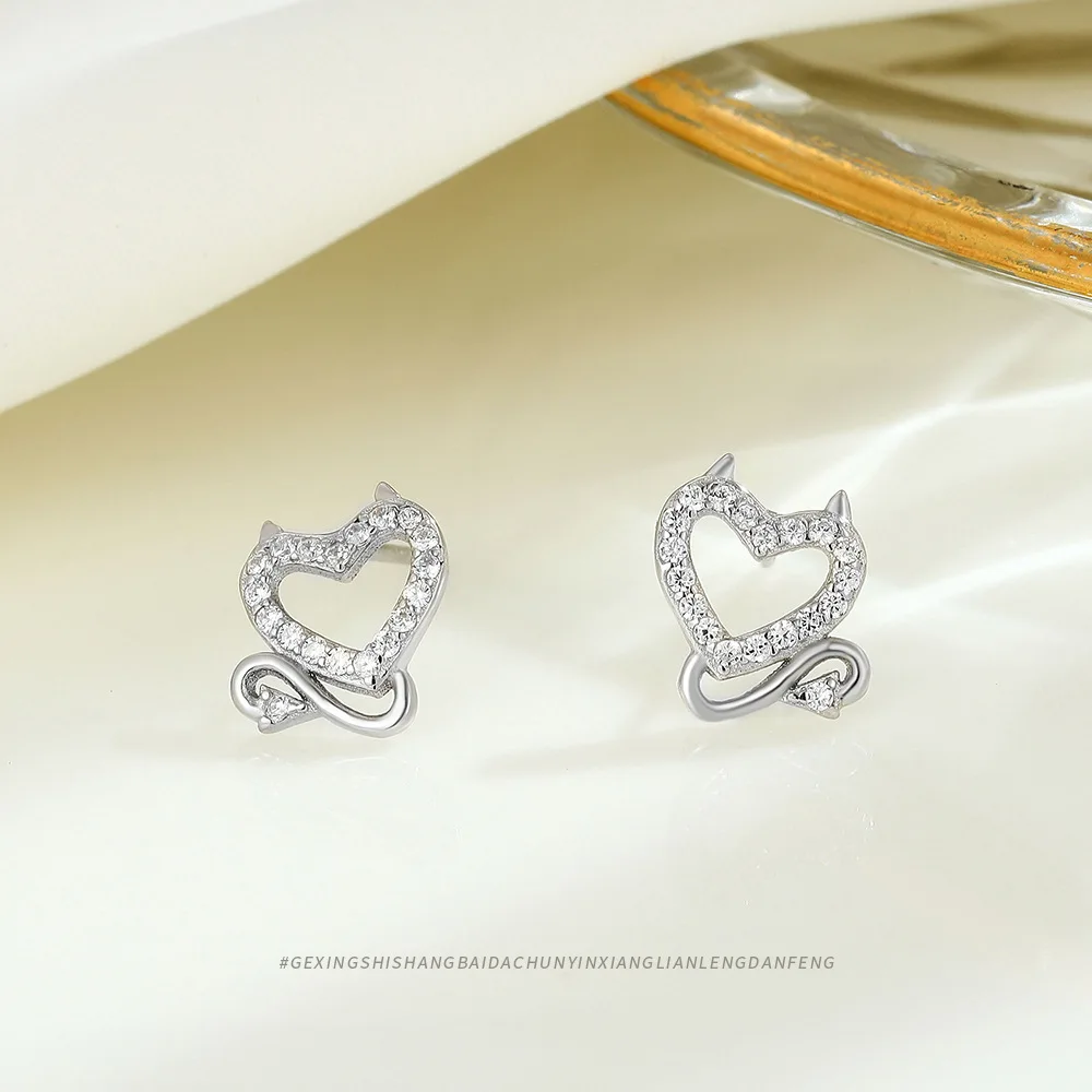 Женские серьги-гвоздики из серебра S925 пробы в форме сердца дьявола уникальные и