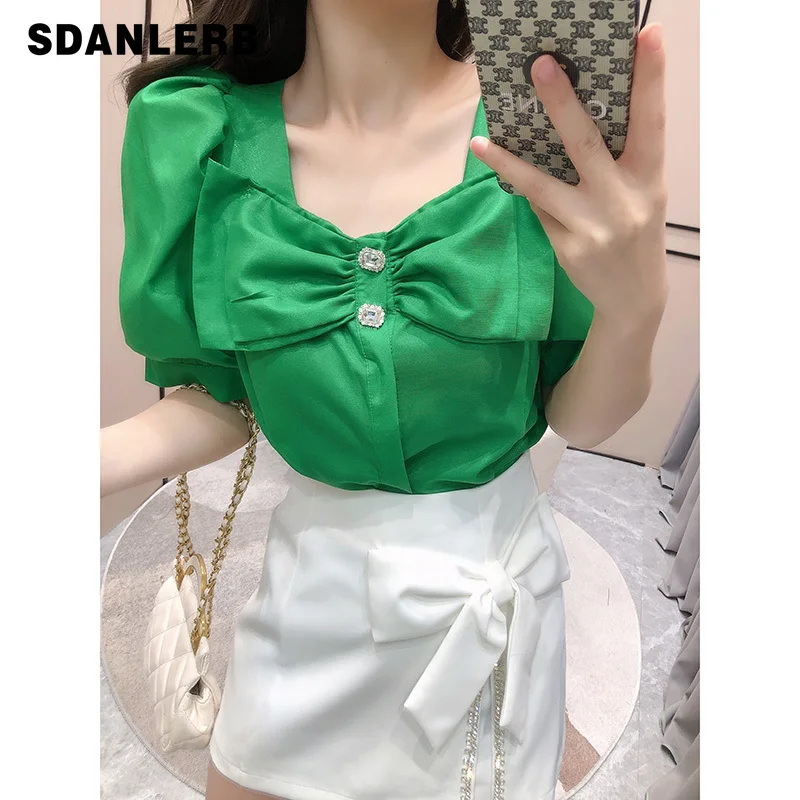 

2022 Summer New Blouse Artificial Silk Western Style Niche Bow Puff Short Sleeve Blusas Mujer Drill Buckle Shirt Women's Top