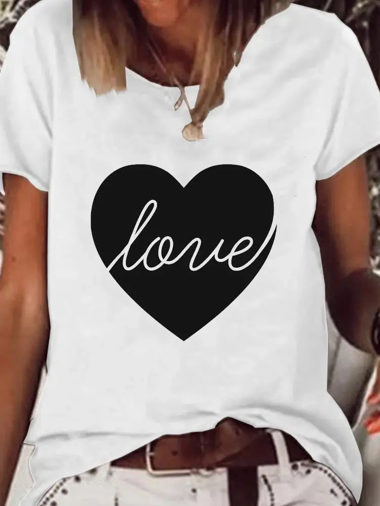 

Print T Shirt Love Heart Letter Cute Short Sleeve Summer Kawaii Clothes Women Clothing Fashion Graphic T-shirt Basic Tee Top