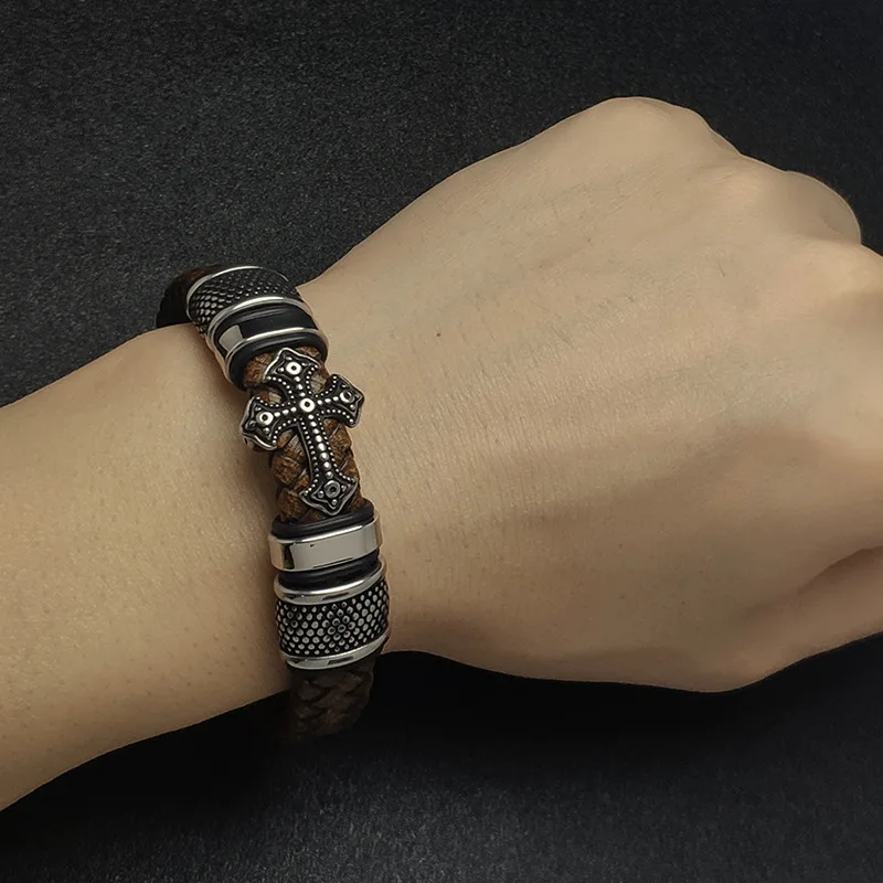 

New Titanium Steel Cross Leather Braided Bracelet Magnetic Hook Men's Leather Bracelet Bracelet Ornaments