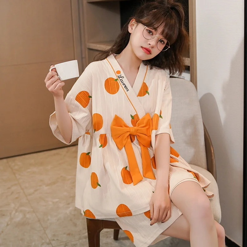 2022 New Style Pajamas Women's Kimono Short Sleeved Shorts Summer Pure Cotton Simple Sweet Lovely Home Clothes
