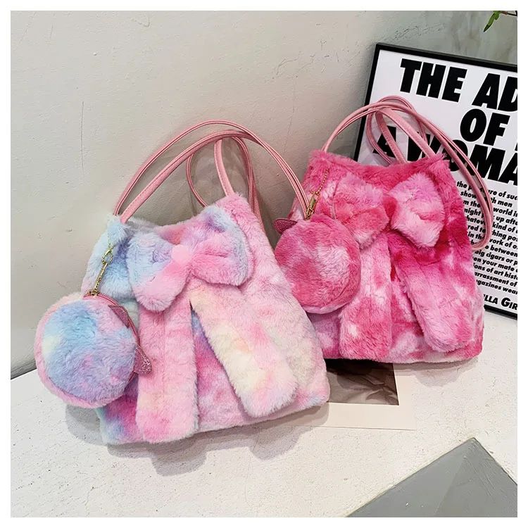 

2022 New Pink Bow Cute Women Plush Shoulder Bags Fashion Autumn Winter Bucket Bags Faux Fur Handbag Furry Fluffy Tote Bags