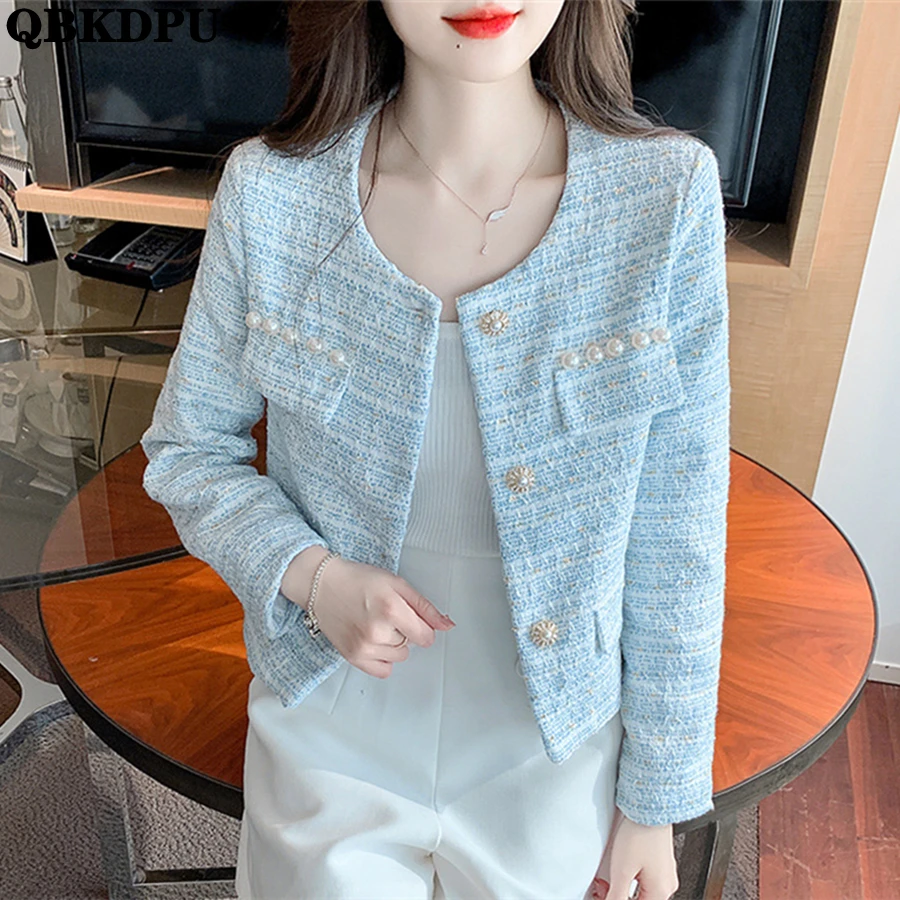 

Pearls Korean Cropped Tweed Jackets Spring Women Vintage Coat Design Chic Abrigo Slim Outwear Elegant Streetwear Chaquetas 2023