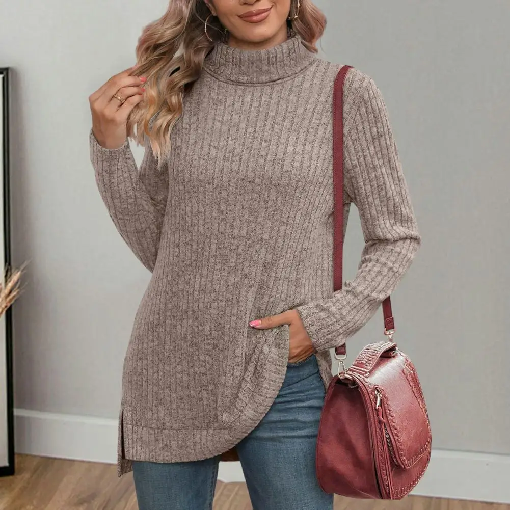 

Женский вязаный свитер с высоким воротником, пуловер с Боковым Разрезом, свитер, Свободная трикотажная одежда, осень-зима, Повседневная вязаная одежда для офиса