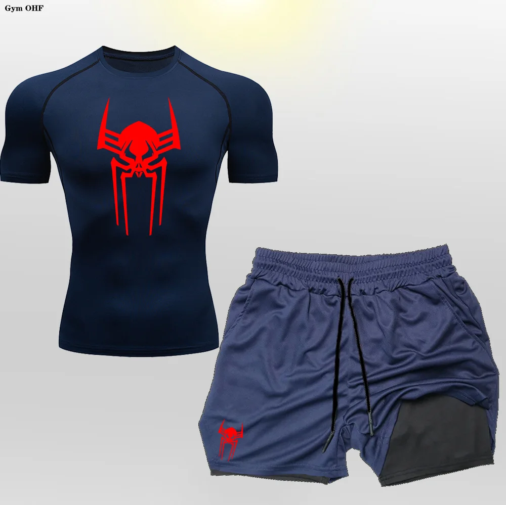 Компрессионная рубашка для мужчин паук фитнес тренажерный зал шорты 2 в 1 рашгард