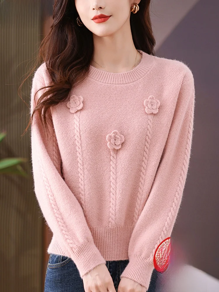 Hengyuanxiang 2024 осенне-зимний новый толстый свитер с круглым вырезом и цветком женский