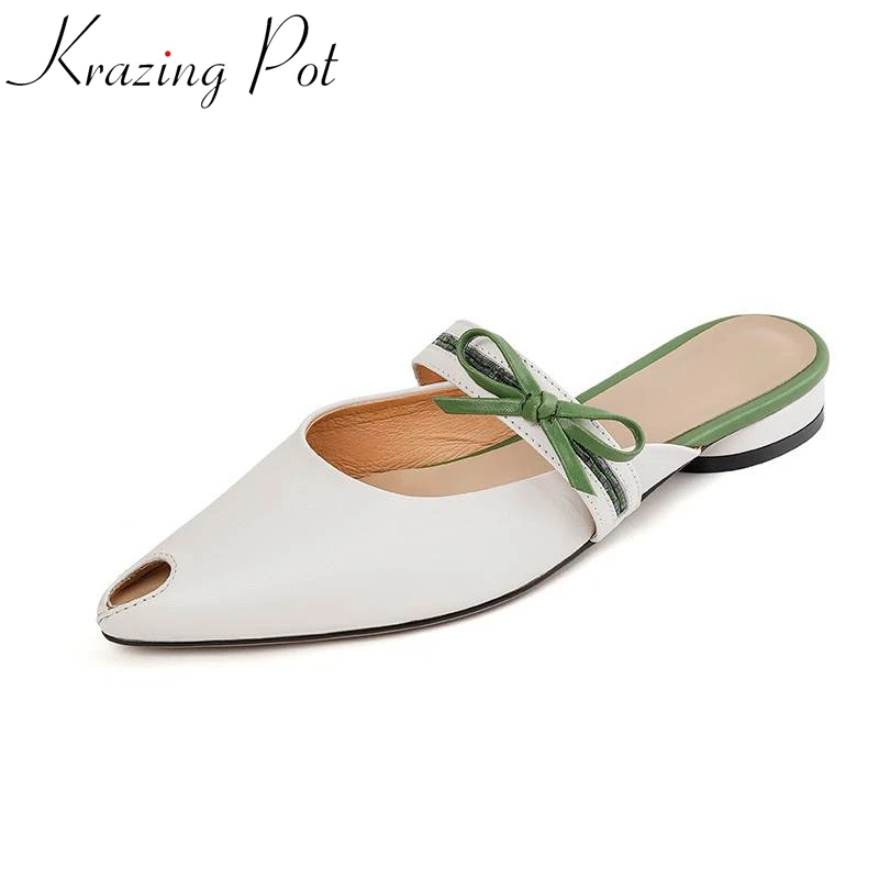 

Женские туфли-лодочки Krazing Pot, летние туфли из натуральной кожи, на низком каблуке, с острым носком, украшенные бантом-бабочкой, 2023