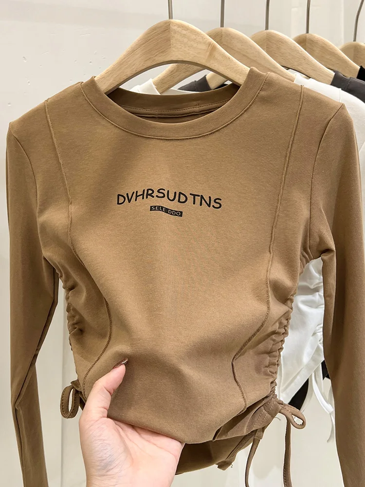 

Casual Round Neck Letter Print Long Sleeve T-shirt 2023 Women's Spring Simply Street Style Slim Bottom Tees Top Female Clothes