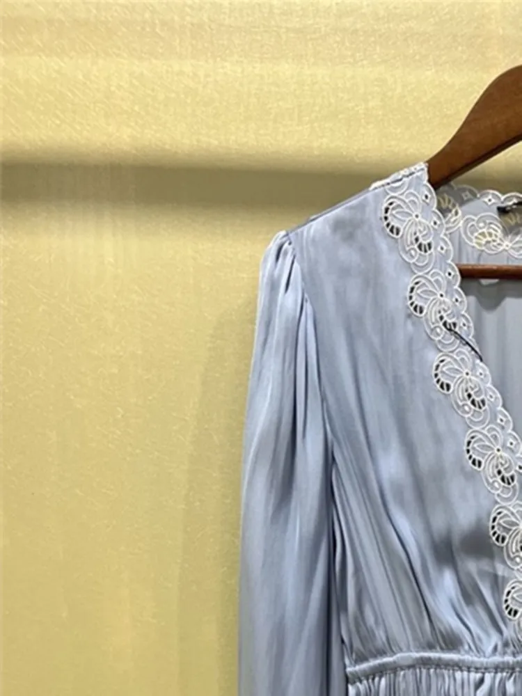 

Women V-Neck Satin Embroidery Trim Mini Dress French Retro Romantic Lantern Sleeve Elastic Waist Female Short Robe 2022 Spring