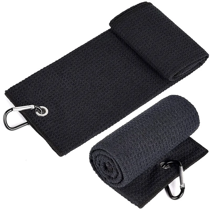 

2 Pcs Black Microfiber Sports Towel Tri-Fold Golf Towel Sweat Towel With Carabiner For Fitness Sports And Yoga (50X30cm)