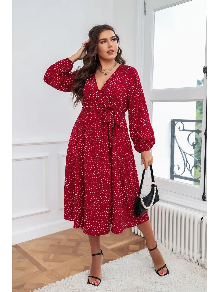 Big swing literary temperament red plus size dress cotton temperament commuter polka-dot long-sleeved women dress
