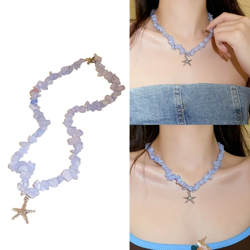 

Fashion Blue Crystal Choker Sweet Cool Starfish Pendant Necklace Y2K Jewelry
