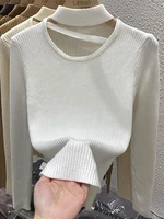 womens sweater half neck hollow out white black korean clothes long sleeve top slim v neck knit sweaters pullover jumper sweter