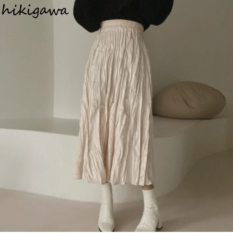 

2023 Faldas Mujer De Moda Vintage Skirts for Women High Waist A-line Folds Jupe Fashion Korean Long Elegant Skirt Women Clothes