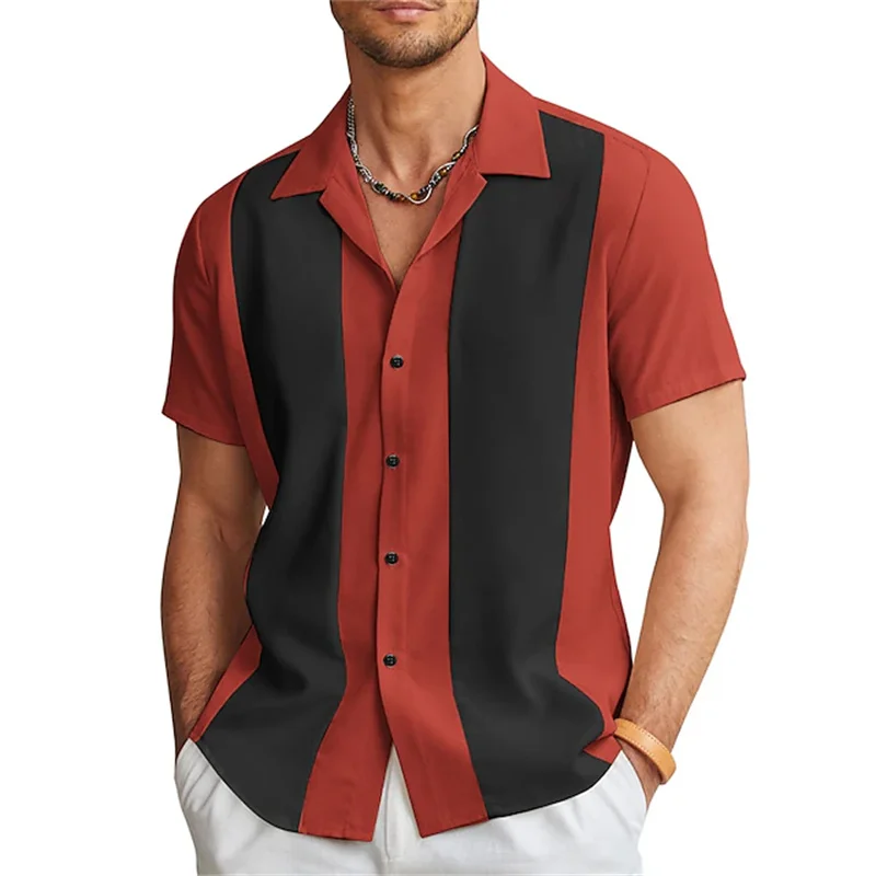 

2023 New men's shirts Bowling shirts Button shirts Summer casual red short-sleeved color matching lapels Street clothing fashion