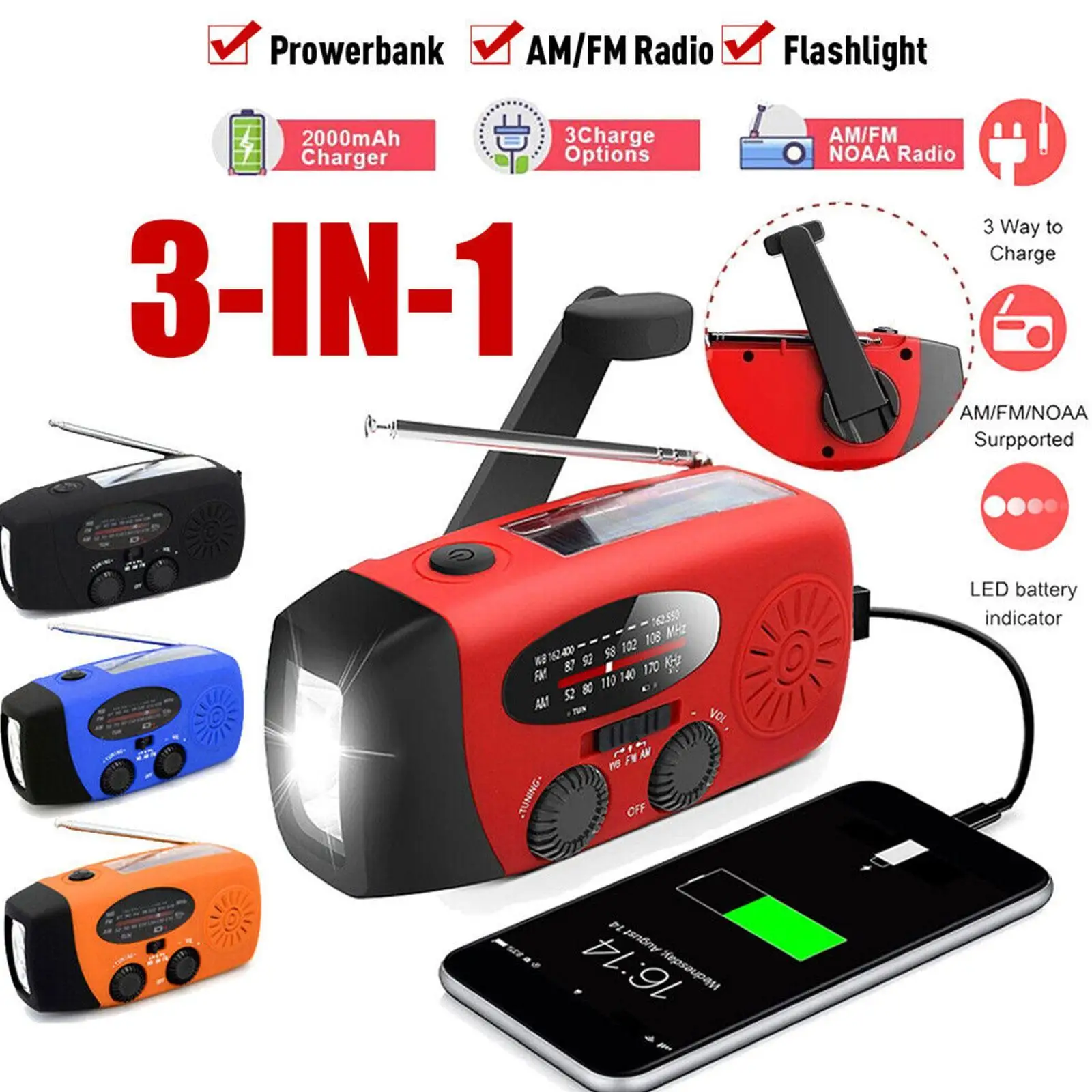 

Solar Hand Crank Radio Receiver Mini Portable AM/FM Weather Radio With Multifunctional Flashlight Emergency Power Supply Bank