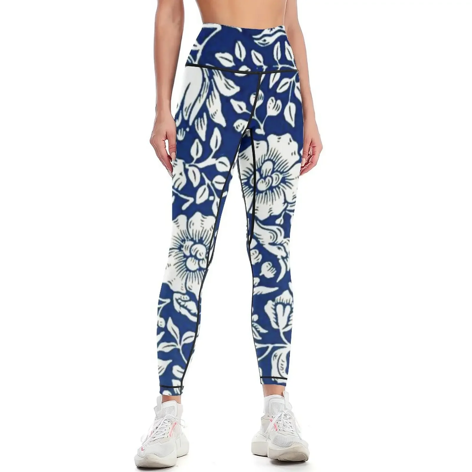 Blue Mallow Vintage and White Floral Pattern Leggings Tight fitting woman legging pants raises butt Womens |