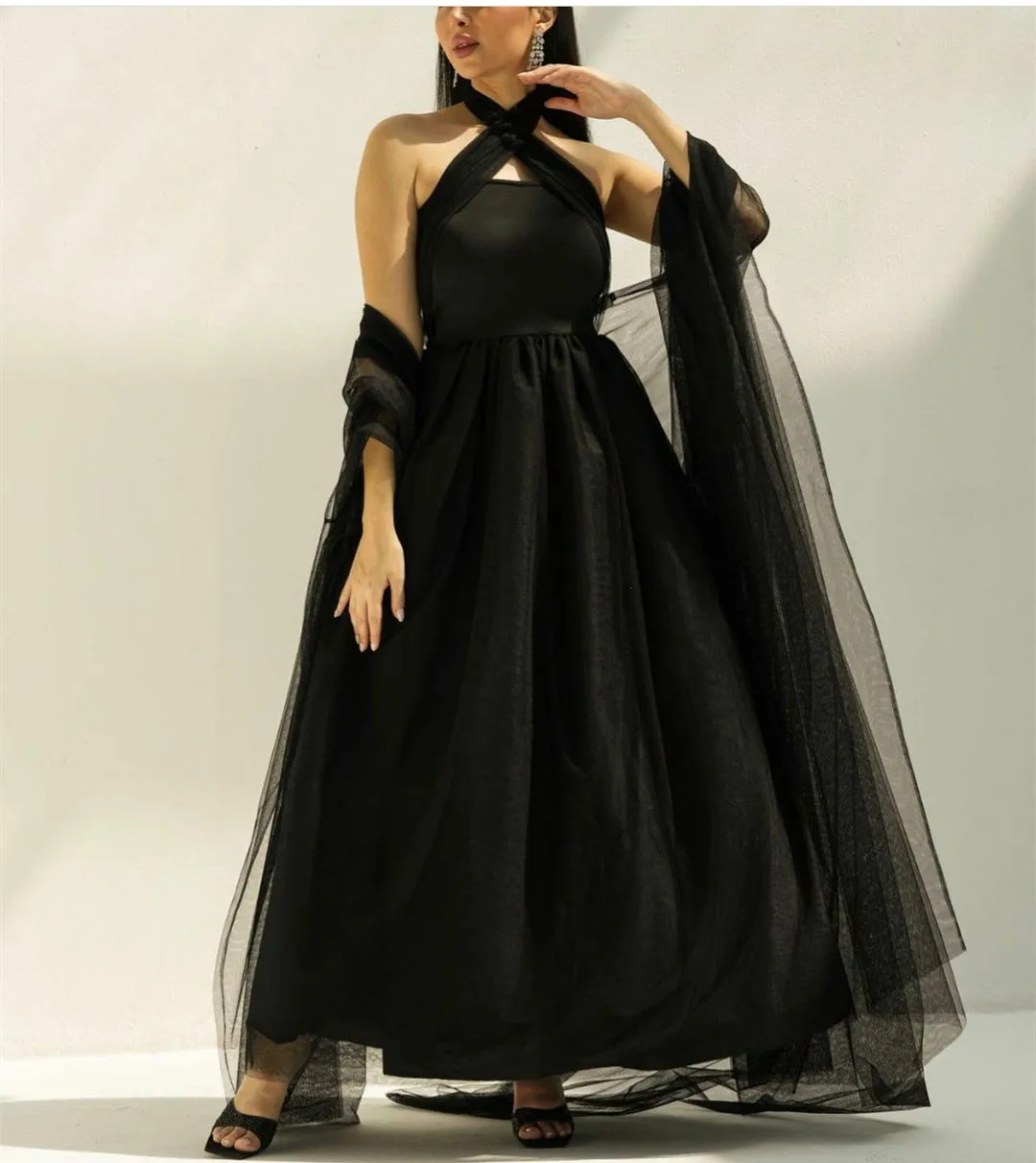 

Classic Long Tulle Black Evening Dresses فساتين السهرة A-Line Floor Length Halter Prom Dress Robe de soirée for Women