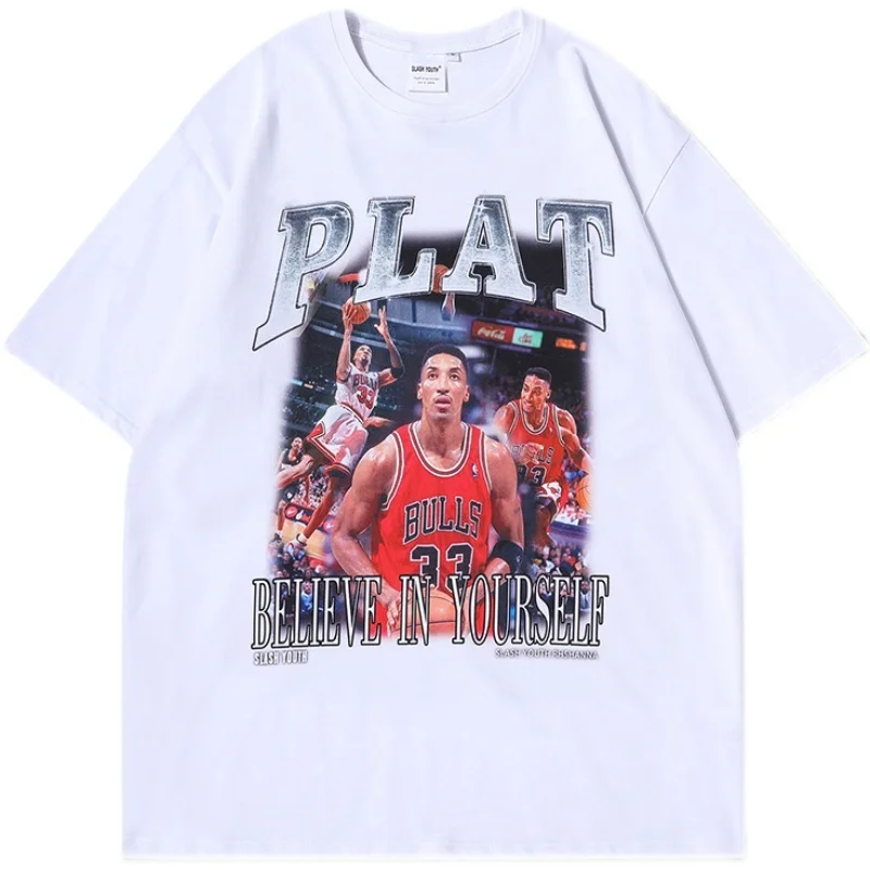 

Men Women Fashion American Retro High Street Star printed short sleeve t-shirt men and women loose hip-hop sports couple Half