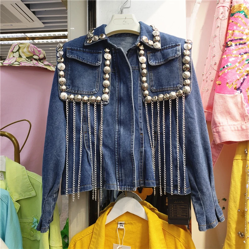 

Vintage Blue Big Pocket Denim Jacket Coat Women Slim Short Cowboy Outerwear Rivet Chain Tassel Long Sleeve Jeans Jackets Female