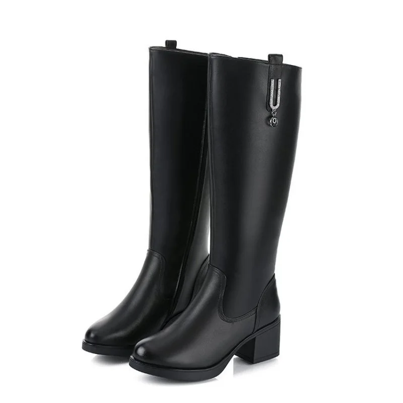 Real Soft Leather Boots, Boots, But Knee Boots, Women's Winter Plus Velvet PU Leather Thick Heel Mid Boots, Thick Leg High Boots