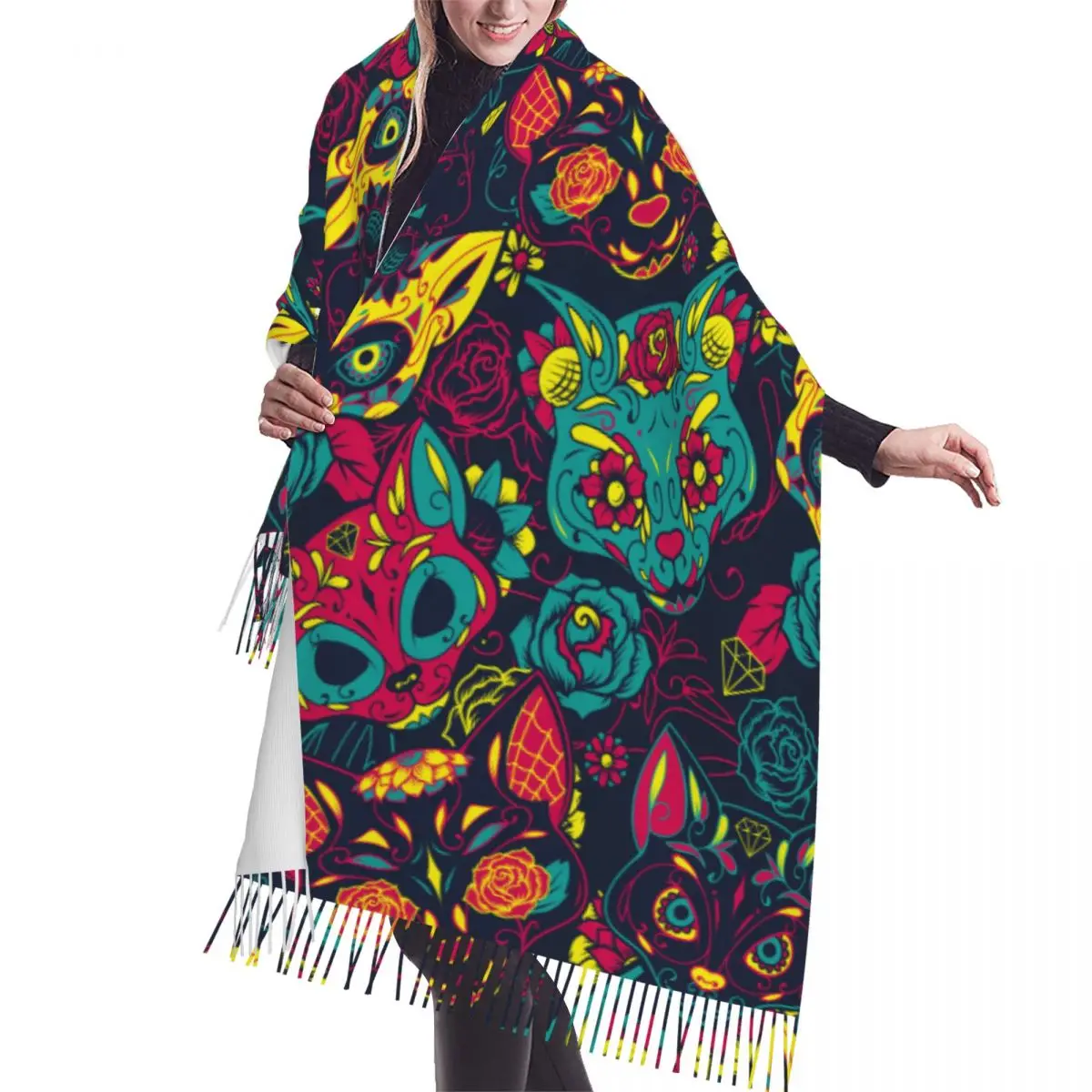 

Day Of The Dead Sugar Cat Skull With Floral Winter Scarf Shawls Wrap Women Men Warm Bufanda Tassel Scarves