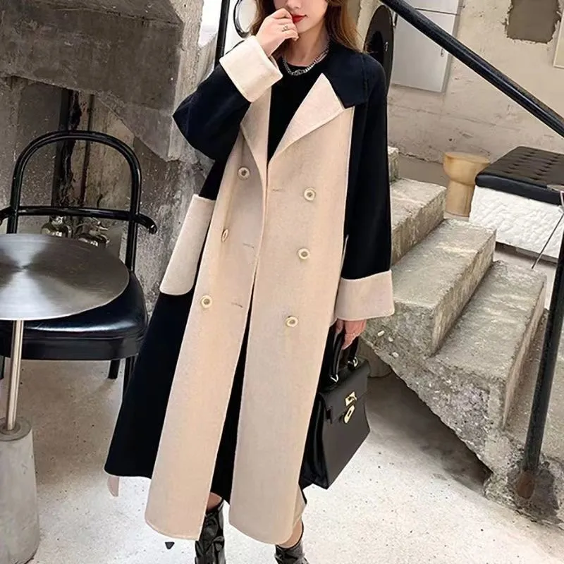 

Hepburn Woolen Coat Slim Fit Warm Fashion Splicing Color Mid-Length Coat