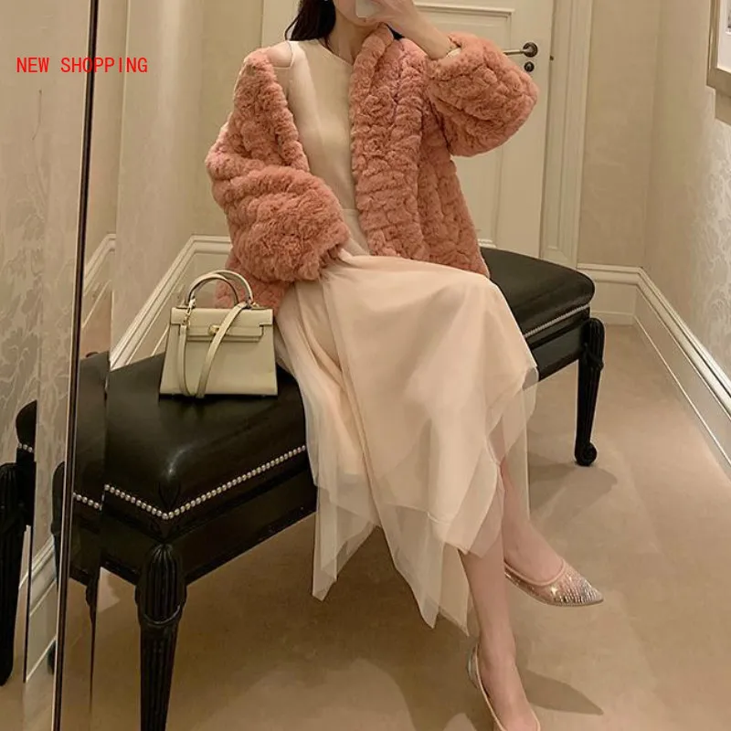 Luxurious Winter Teddy Bear Coat Faux Wool Fur Jacket Ladies Casual Fake Rabbit Fur Outerwear Soild Turn-down Collar Overcoat