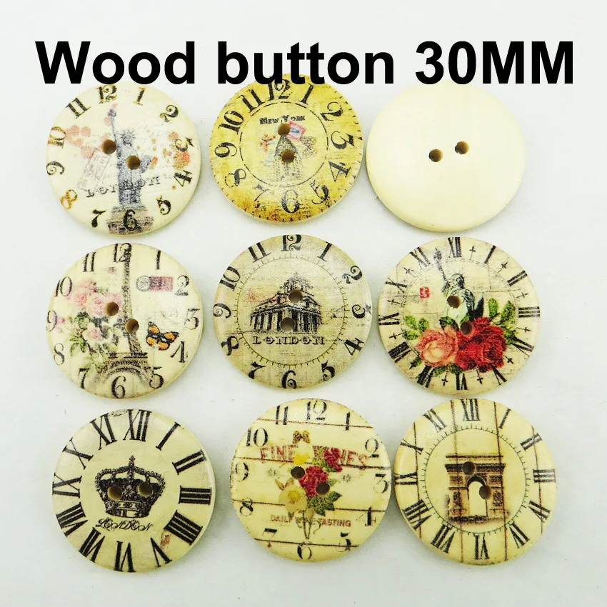 20PCS  Dyed Wooden Watch Buttons Coat  Clock Button 30MM Garment Boots Sewing Clothes Accessory  MCB-009X