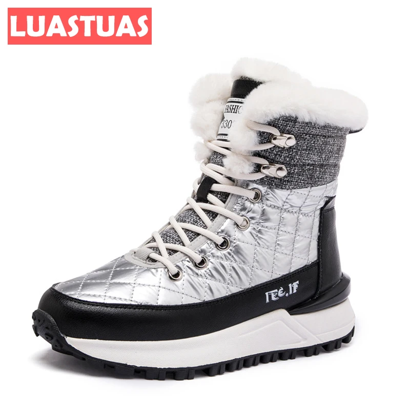 

LuasTuas New Women Snow Boots 2023 Real Leather Plush Waterproof Winter Shoes Woman Fashion Short Boots Footwear Size 35-40