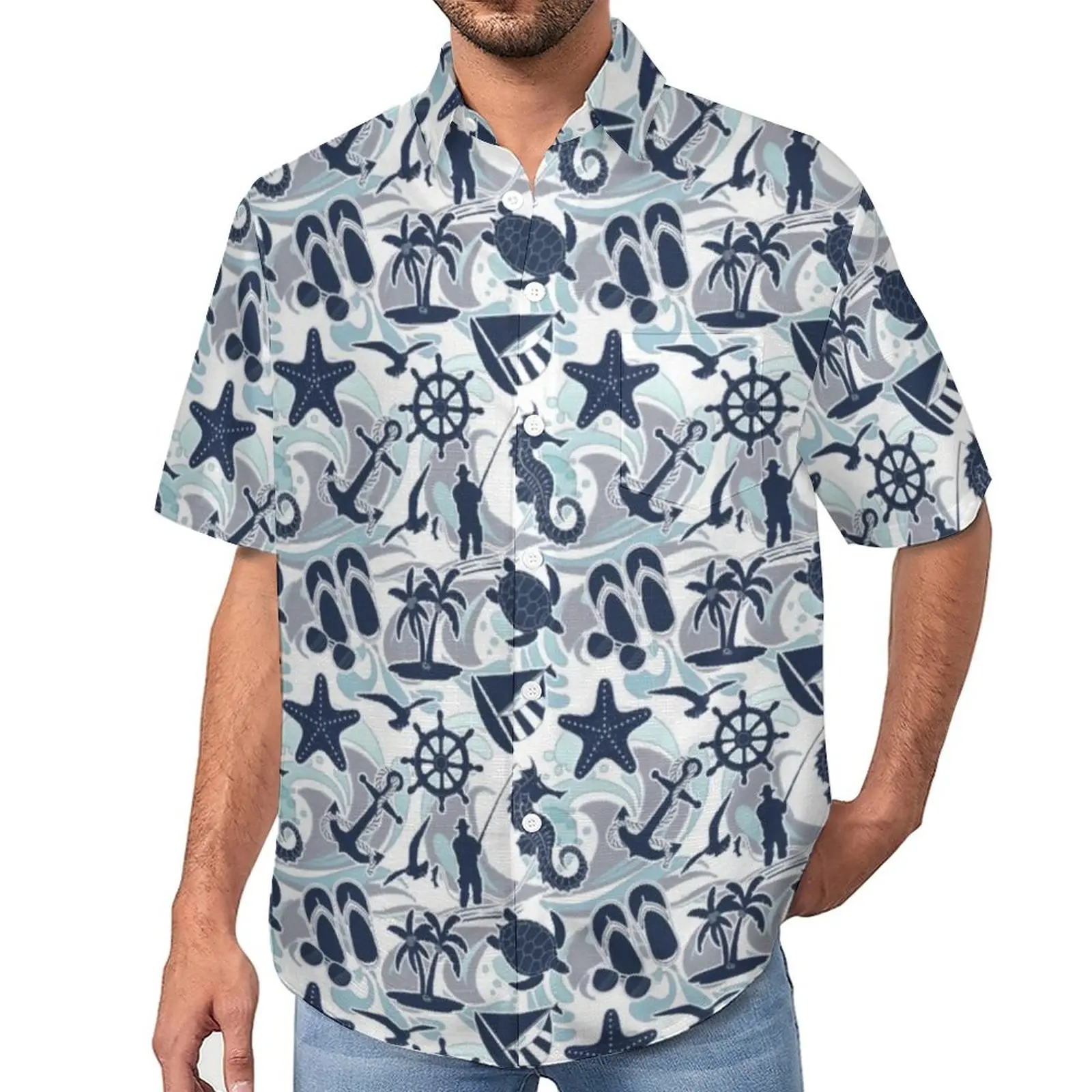 

Nautical Beach Loose Shirt Men Beach Seaside Ocean Print Casual Shirts Hawaiian Graphic Short Sleeve Cool Oversized Blouses