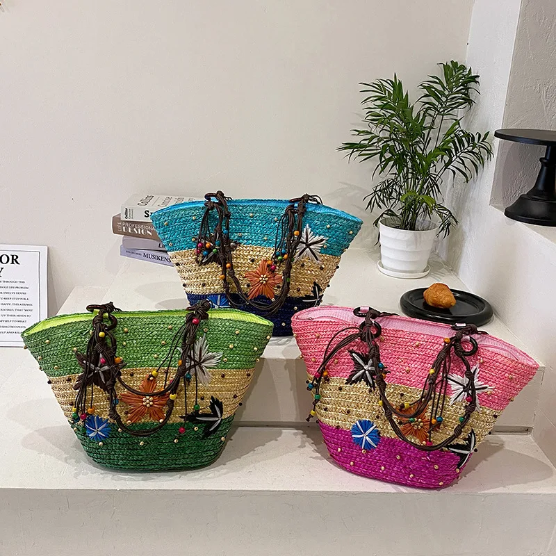 

Женская пляжная Соломенная Сумка-тоут, очень большая сумка ручной работы в богемном стиле с вышивкой в виде морской звезды, 2023