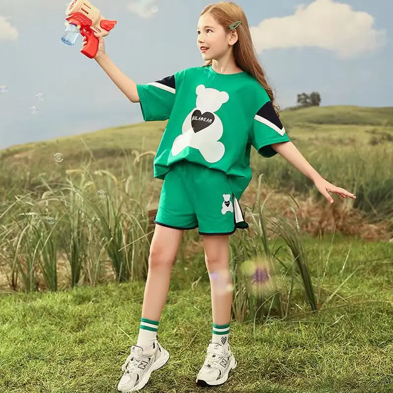 

Fashion Summer Girls 2023 Cartoon Sets Clothes Kids Sport Short Sleeve T-Shirts + Pants 2PCS Children Clothing Suits 5-14 Year