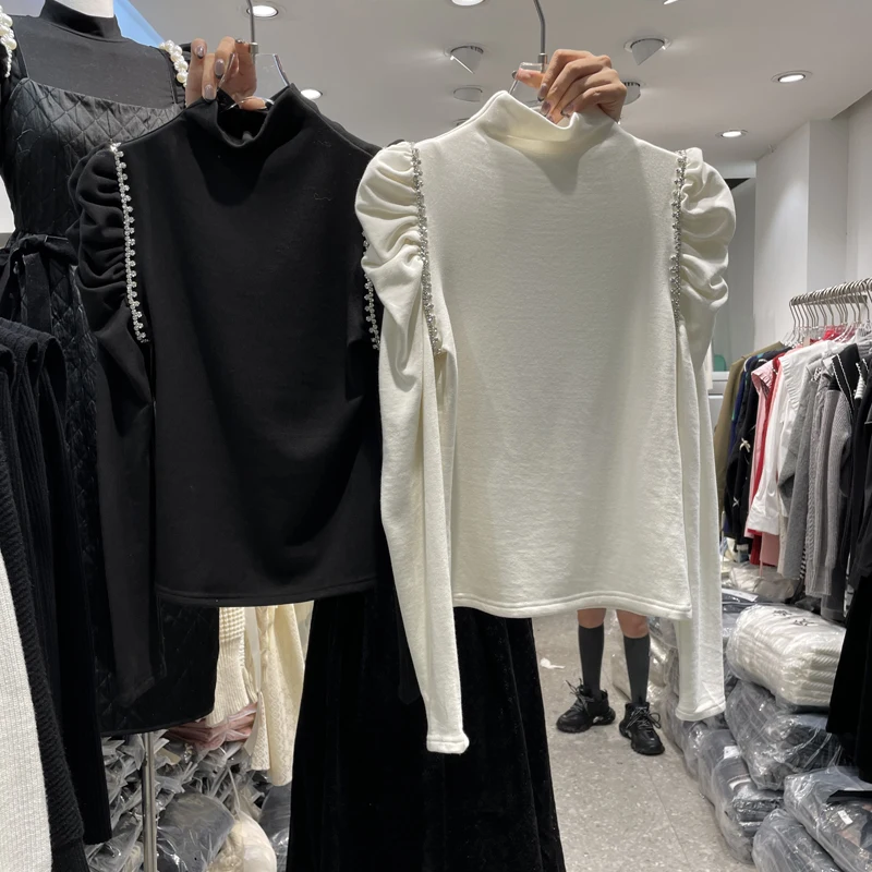 

WDMSNA, приталенная Футболка с рукавами-фонариками и высоким воротником, женская рубашка с аппликацией для ногтей, корейские футболки на осень и зиму для женщин