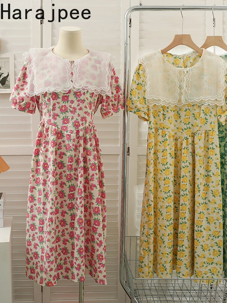 

Платье в стиле харадзпи с принтом, милое Сетчатое платье с воротником-куклой, с пышными рукавами, свободное платье с высокой талией в Корейс...